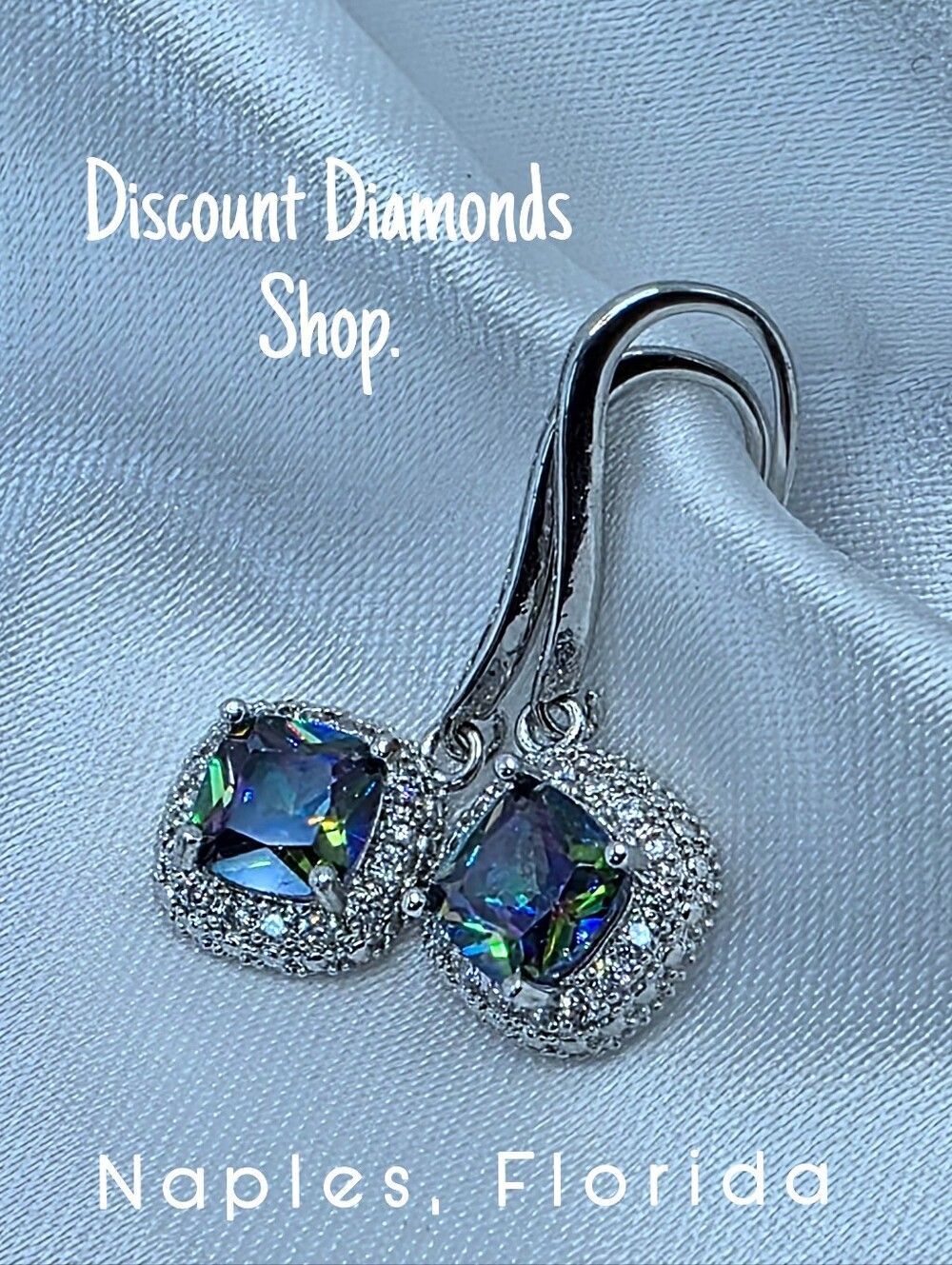 Natural Mystic Topaz & Clear White Natural Zircon Earrings 18K White Gold 925
